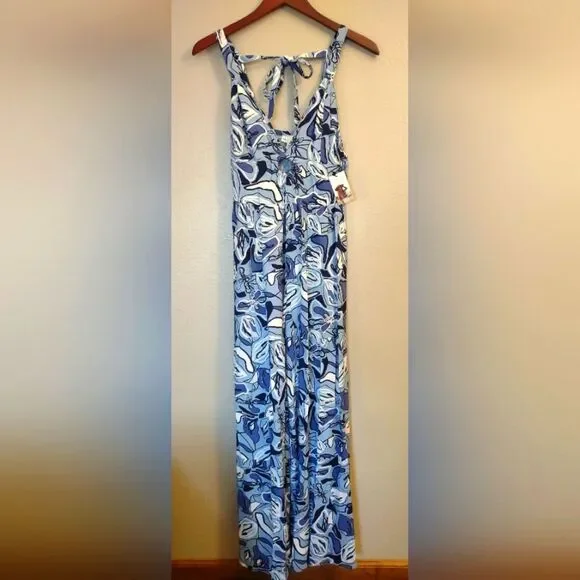Sincerely Jules Blue White Abstract Print Wide Leg Jumpsuit Size Small - Picture 2 of 15